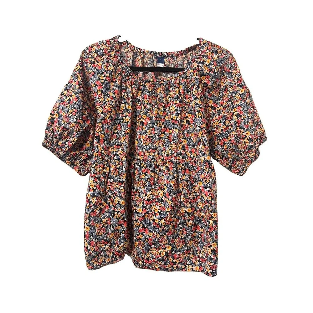 Old Navy Floral Print Puff Sleeve Pink Green White Large Babydoll Top Casual